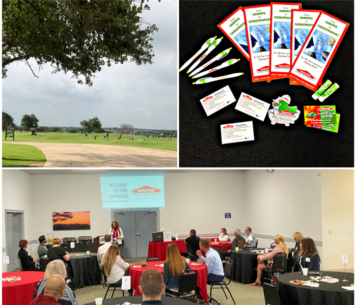 photo collage from Kyle Area Chamber Business Over Breakfast attendees, SERVPRO logo items and the golf course