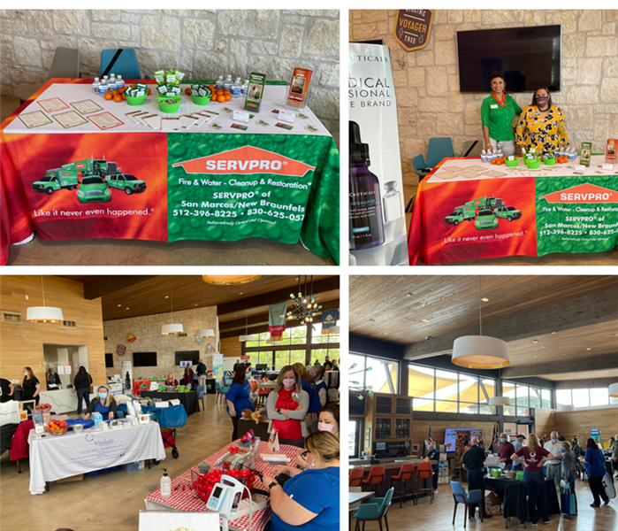 photo collage of attendees at the event and a table with SERVPRO logo items and 