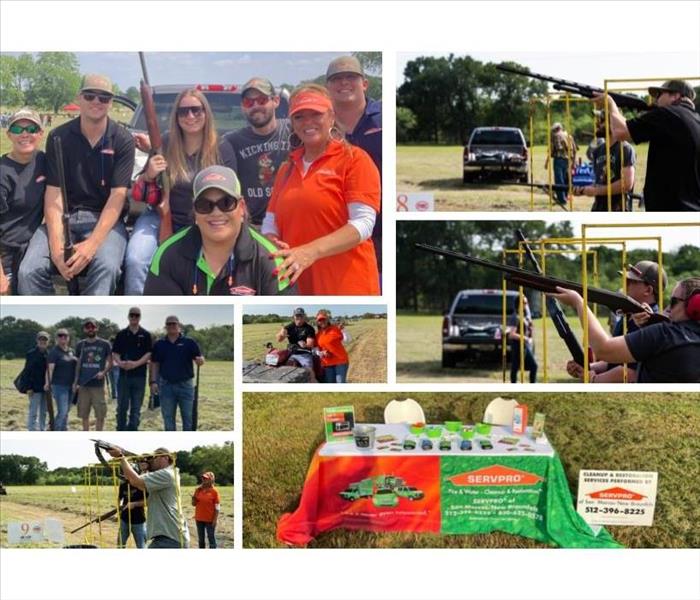 Photo collage from Kyle Area Chamber Sporting Clay Event with attendees andSERVPRO logo items