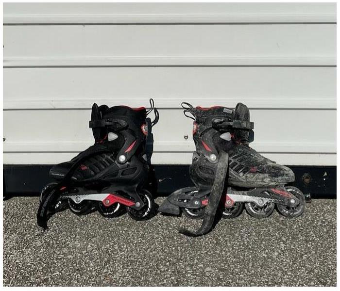 A pair of rollerblades damaged in a fire and restored to prior state