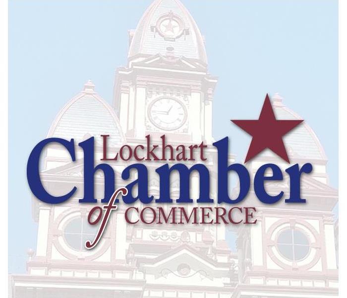 A picture of the Lockhart Chamber Logo that has an image of their courthouse in the background