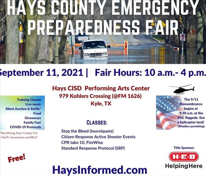 Colorful flyer with a vehicle submerged in water printed information on the Hays County Emergency Preparedness Fair